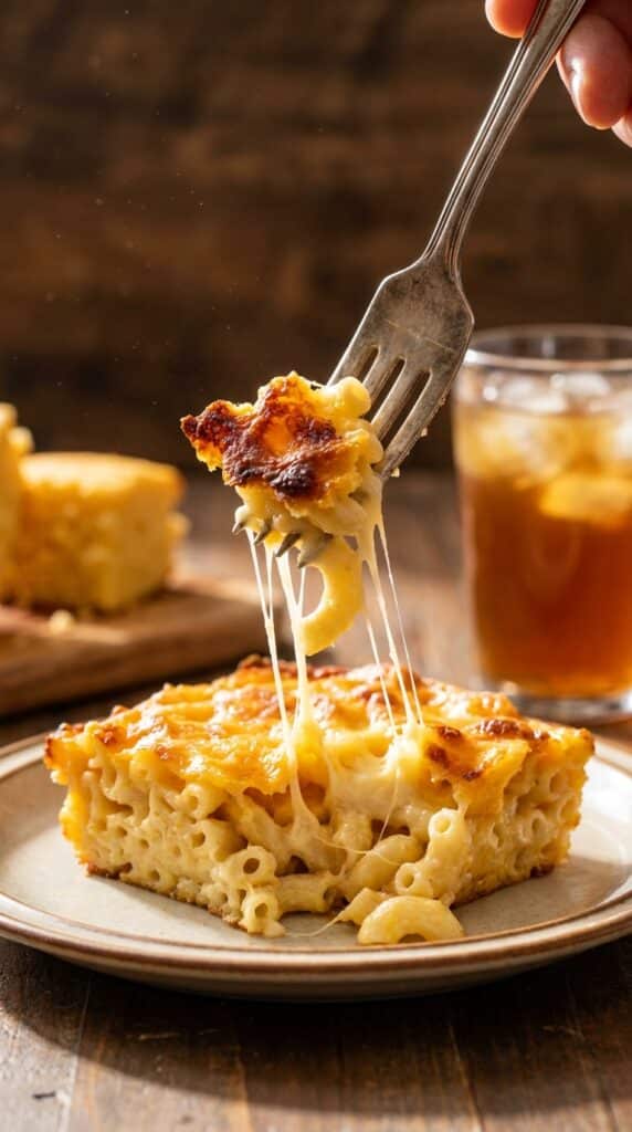 A close-up of a fork lifting a bite of creamy baked mac and cheese with a crispy crust.