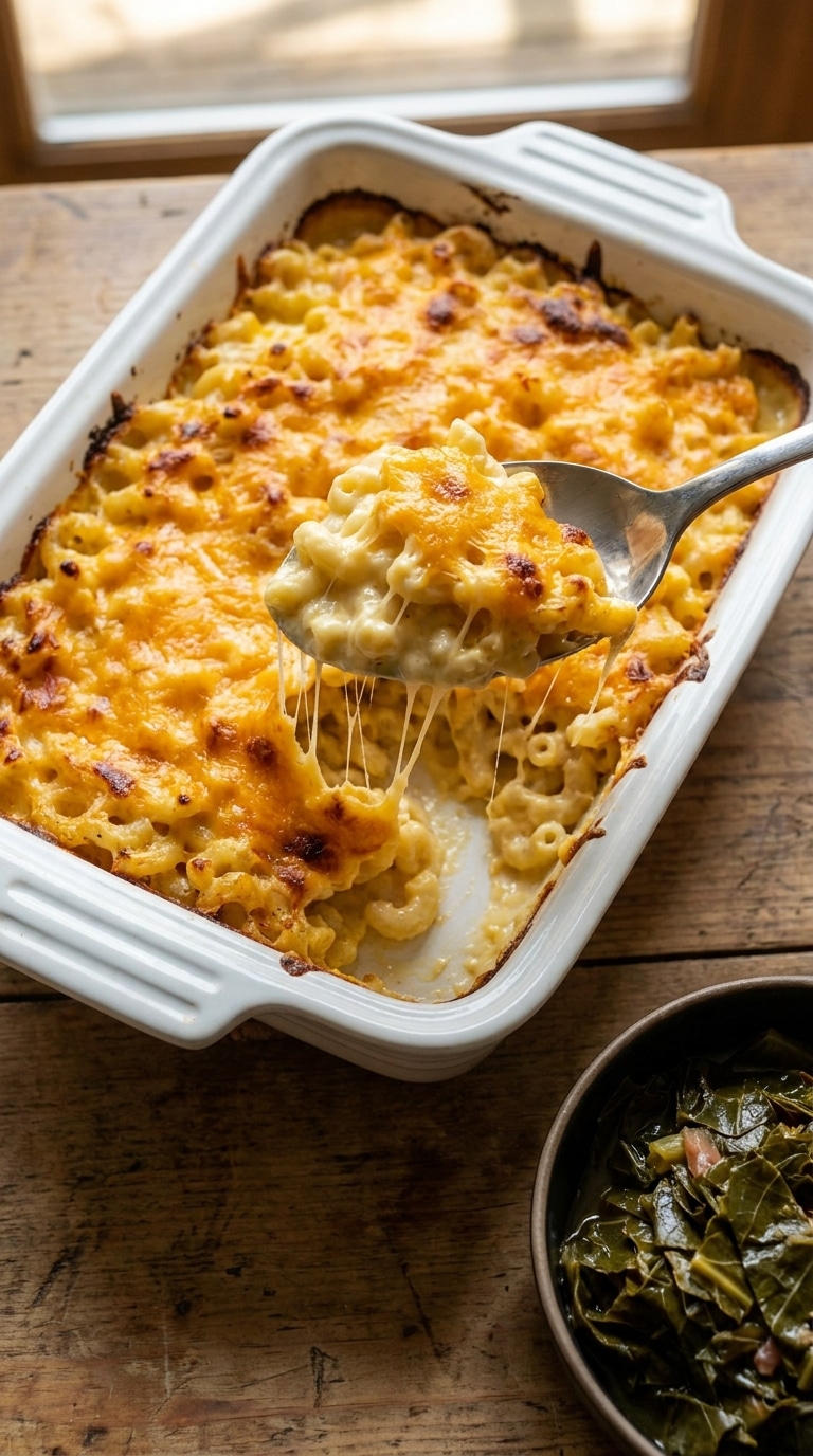 A golden-brown, crispy baked macaroni and cheese in a white dish with a spoon lifting a cheesy portion.