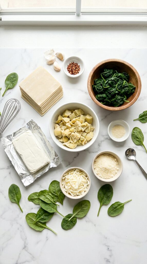 A flat lay showing wonton wrappers, cream cheese, chopped artichokes, spinach, and shredded cheeses on marble.
