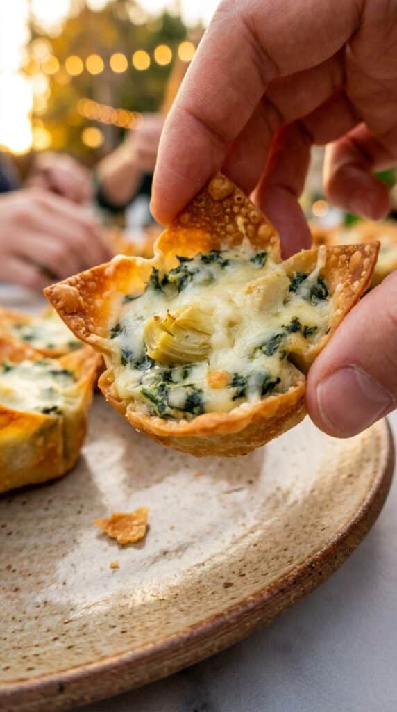 A close-up of a hand holding a crispy wonton cup filled with warm spinach and artichoke dip.