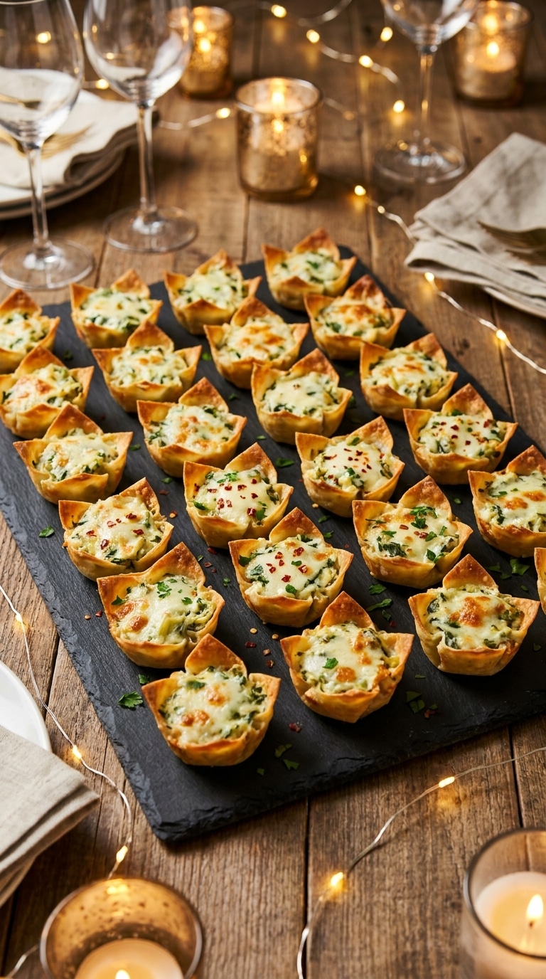 A platter of crispy wonton cups filled with creamy spinach and artichoke dip, topped with melted golden cheese.