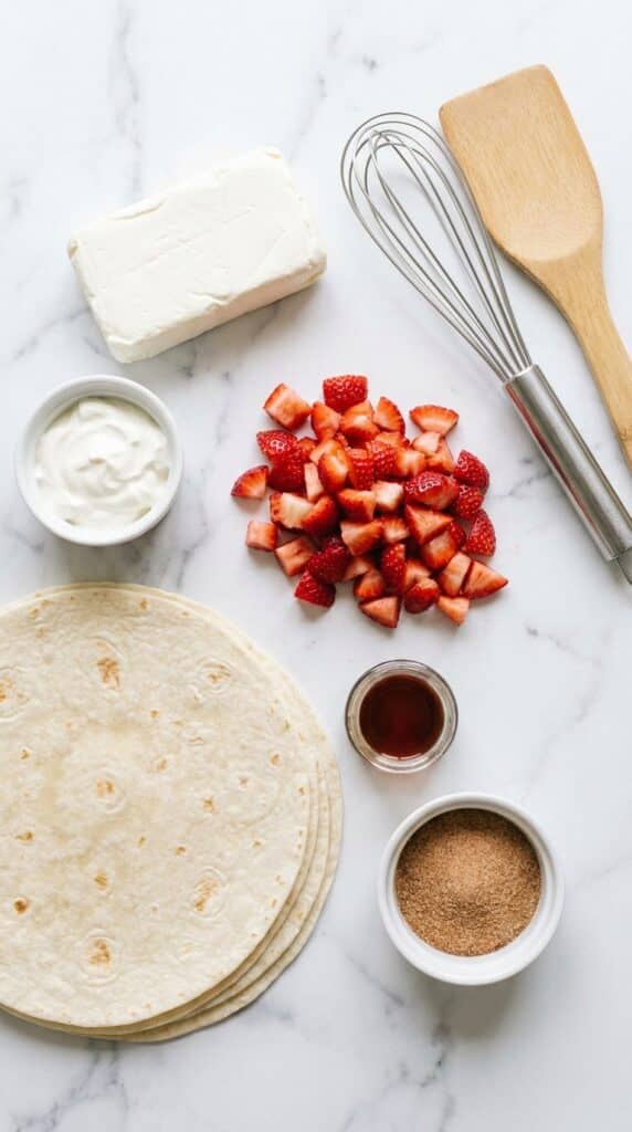 A flat lay of cream cheese, diced strawberries, flour tortillas, and cinnamon-sugar on a marble countertop.
