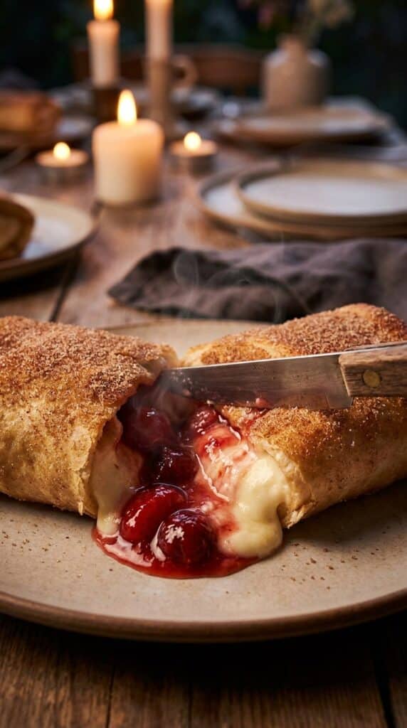 A close-up of a crispy chimichanga sliced open, showing the warm, creamy cheesecake and strawberry filling oozing out.