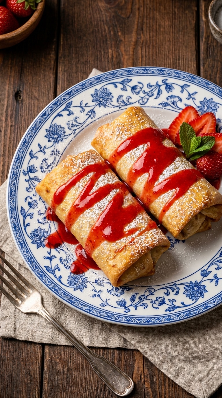 Two crispy, golden-brown strawberry cheesecake chimichangas drizzled with strawberry sauce and dusted with powdered sugar.