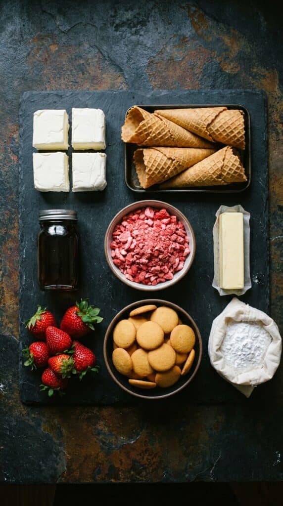 An organized flat lay of vanilla cookies, freeze-dried strawberries, cream cheese, and waffle cones on marble.