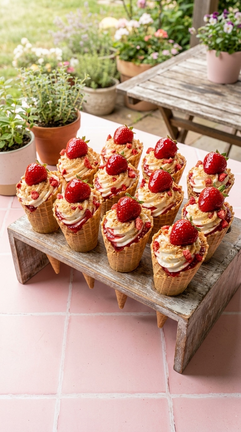 Three waffle cones filled with pink strawberry cheesecake and coated in a bright pink strawberry crunch topping.