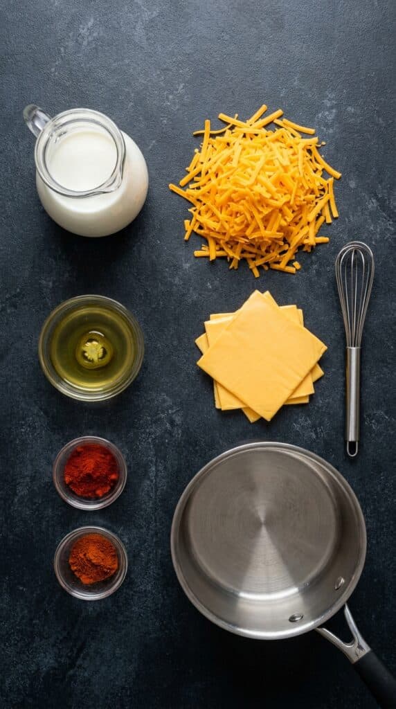 n organized flat lay showing shredded cheddar, American cheese, milk, jalapeño brine, and spices on a dark counter.