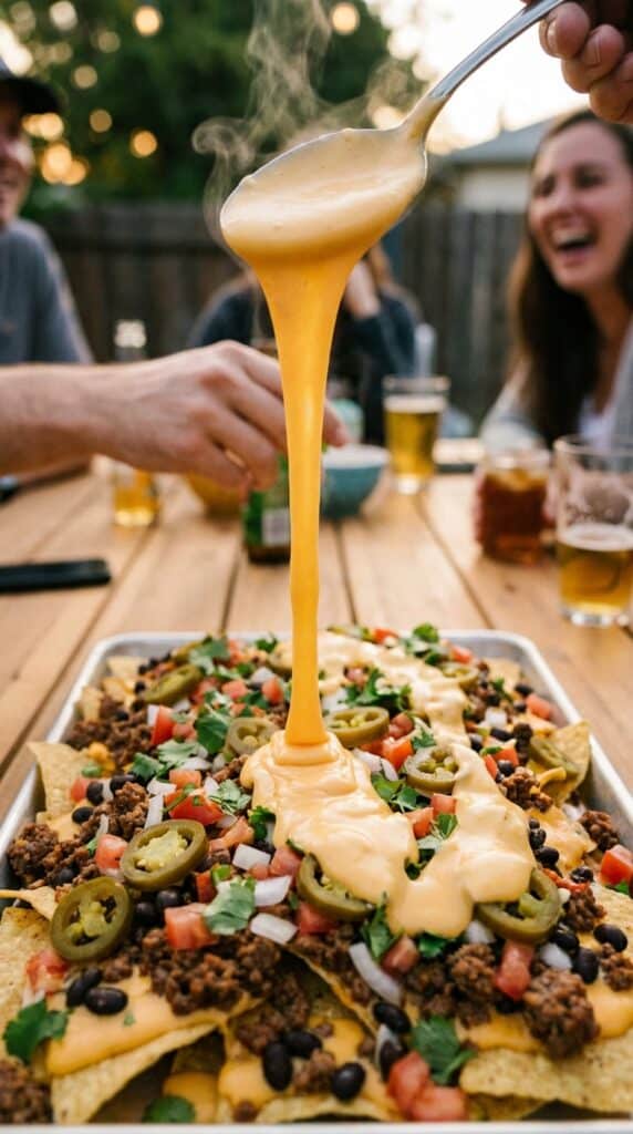 A silky ribbon of orange nacho cheese being drizzled over a tray of loaded nachos with jalapeños and beef.