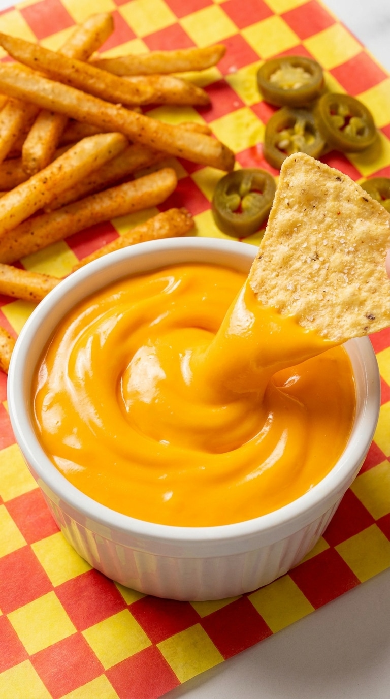 A close-up of a bowl of glossy, vibrant orange nacho cheese sauce with a tortilla chip being dipped in.