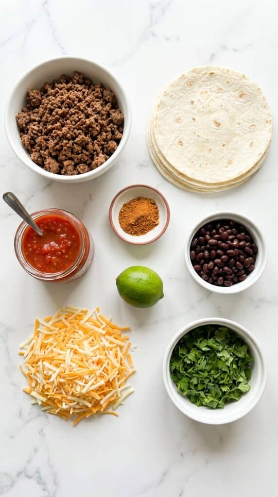 A flat lay of taco lasagna ingredients including tortillas, ground beef, salsa, cheese, and black beans on a marble surface.