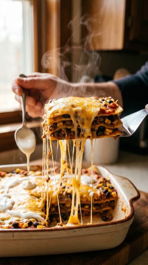 A close-up of a spatula lifting a slice of cheesy taco lasagna, showing internal layers and melted cheese.