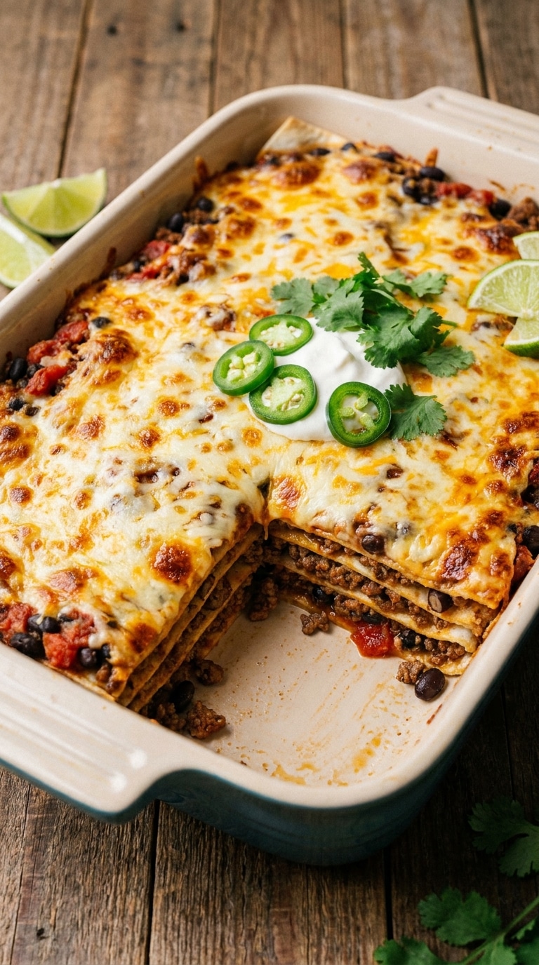 A cheesy, layered taco lasagna in a baking dish with a slice removed to show layers of tortillas, beef, and beans.
