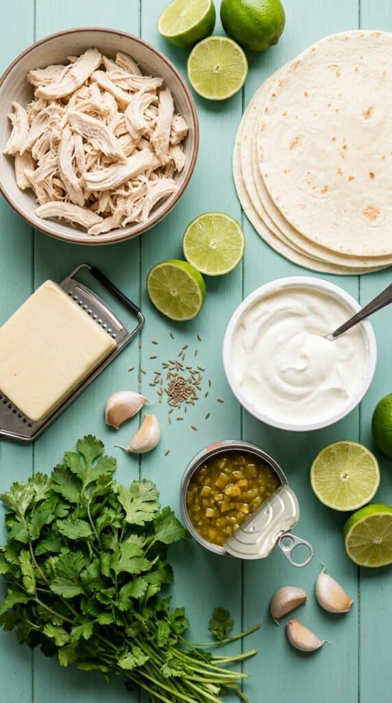 Flat lay of shredded chicken, flour tortillas, sour cream, cheese, and green chilies on a teal background.
