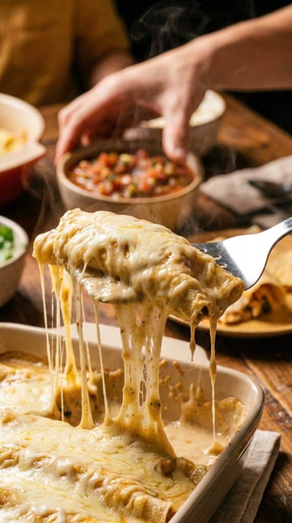 A spatula lifting a cheesy white chicken enchilada from a pan, showing a long cheese pull and creamy sauce.