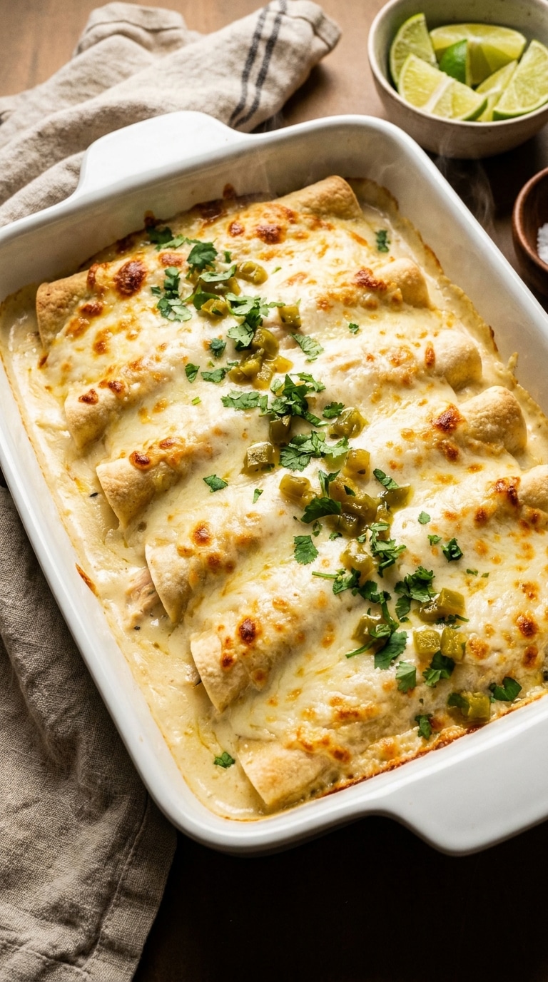 A white baking dish of chicken enchiladas smothered in creamy white sauce and melted cheese, topped with cilantro.