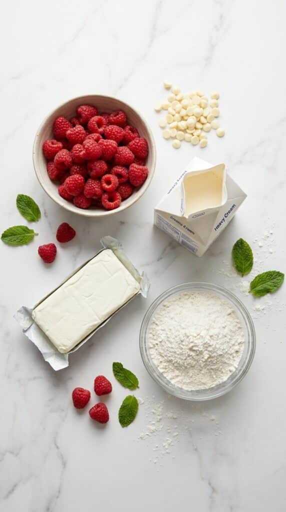 An organized flat lay of fresh raspberries, white chocolate chips, cream, and cream cheese on a marble counter.