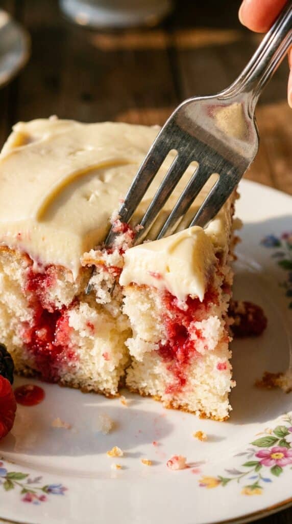A close-up of a fork taking a bite of a moist raspberry-filled white cake with white chocolate frosting.