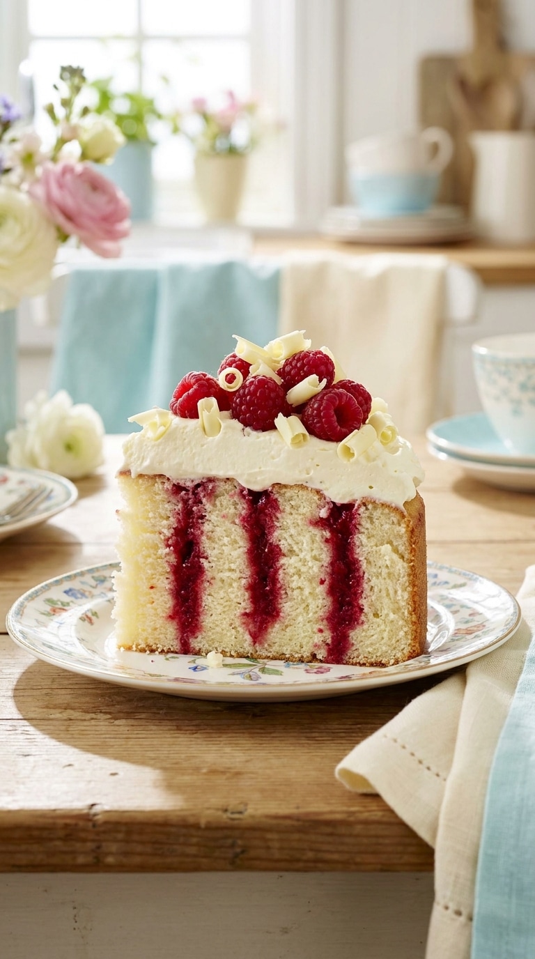 A slice of white cake with red raspberry ripples inside, topped with white chocolate frosting and fresh berries.