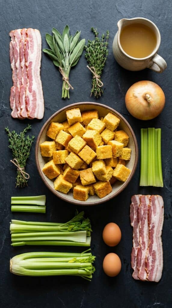 A flat lay arrangement of cornbread cubes, raw bacon, celery, onion, fresh herbs, eggs, and broth on a dark counter.