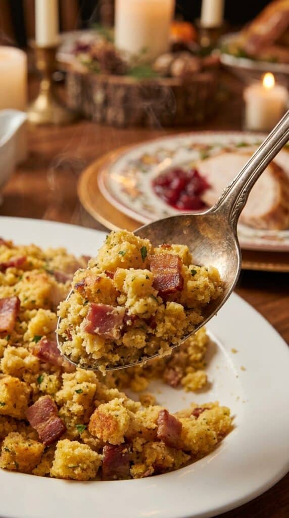 A close-up of a spoon lifting a serving of steaming bacon cornbread stuffing, showing its moist and chunky texture.