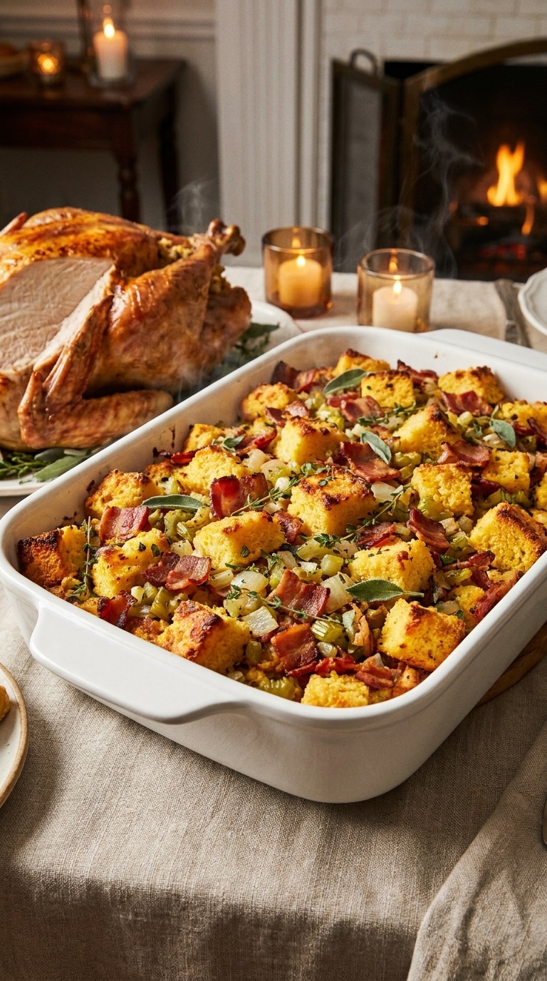 A golden-brown bacon cornbread stuffing in a white baking dish, garnished with fresh herbs on a holiday table.
