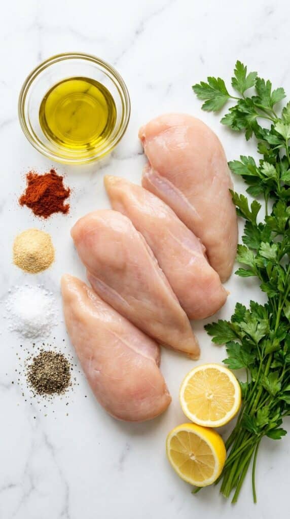 Flat lay of raw chicken breasts, olive oil, and various spices like paprika and garlic powder on a marble surface.