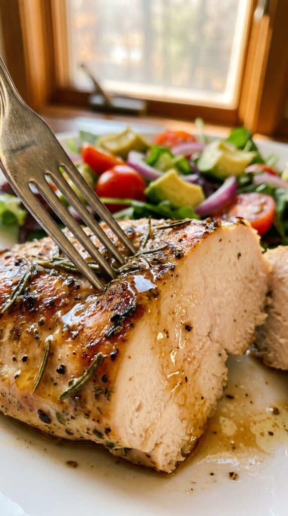 A close-up of a fork picking up a slice of juicy baked chicken, with a fresh side salad in the blurred background.