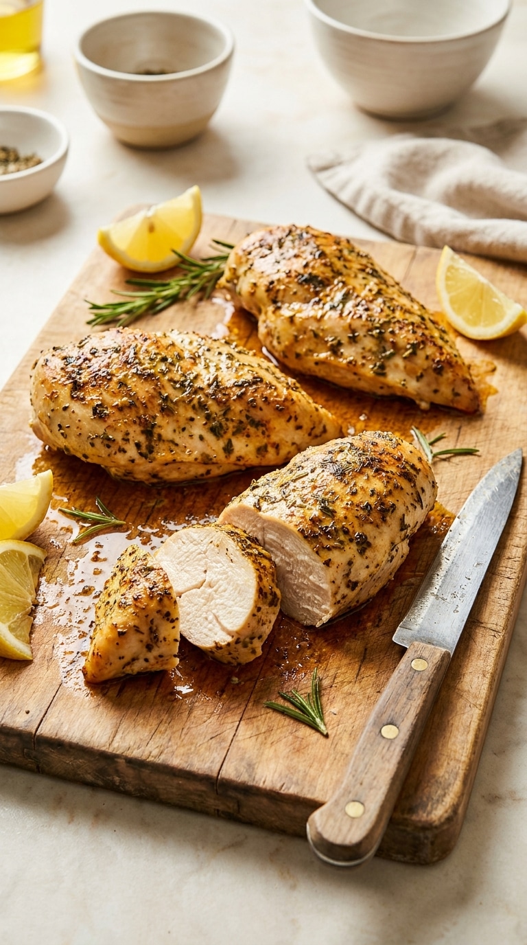 Sliced juicy oven-baked chicken breasts on a wooden board with lemon wedges and fresh herbs.