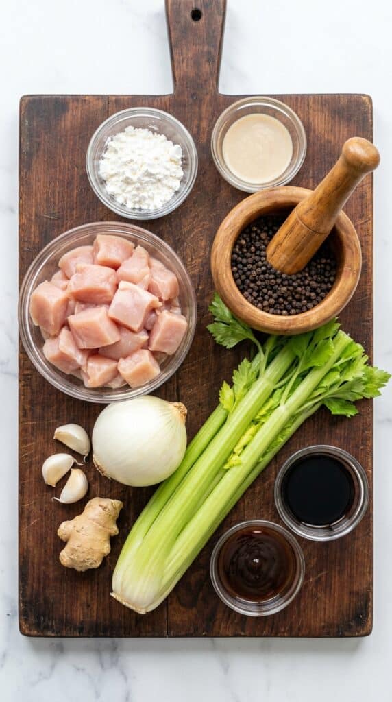 Ingredients for black pepper chicken arranged on a wooden board, including chicken, celery, onions, garlic, and a mortar and pestle with peppercorns.