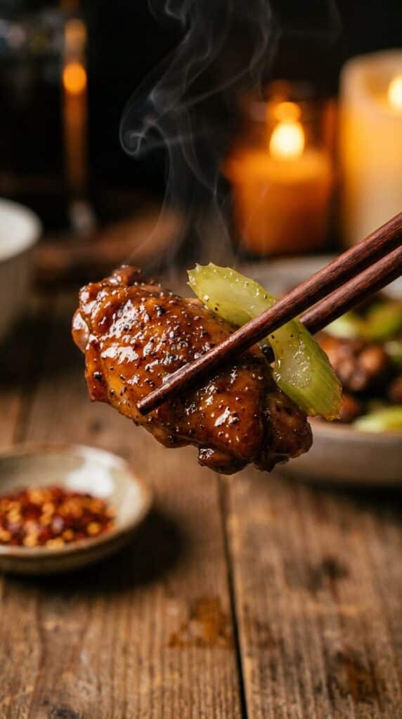A close-up of chopsticks holding a piece of glossy black pepper chicken and celery with steam rising in a warm kitchen.