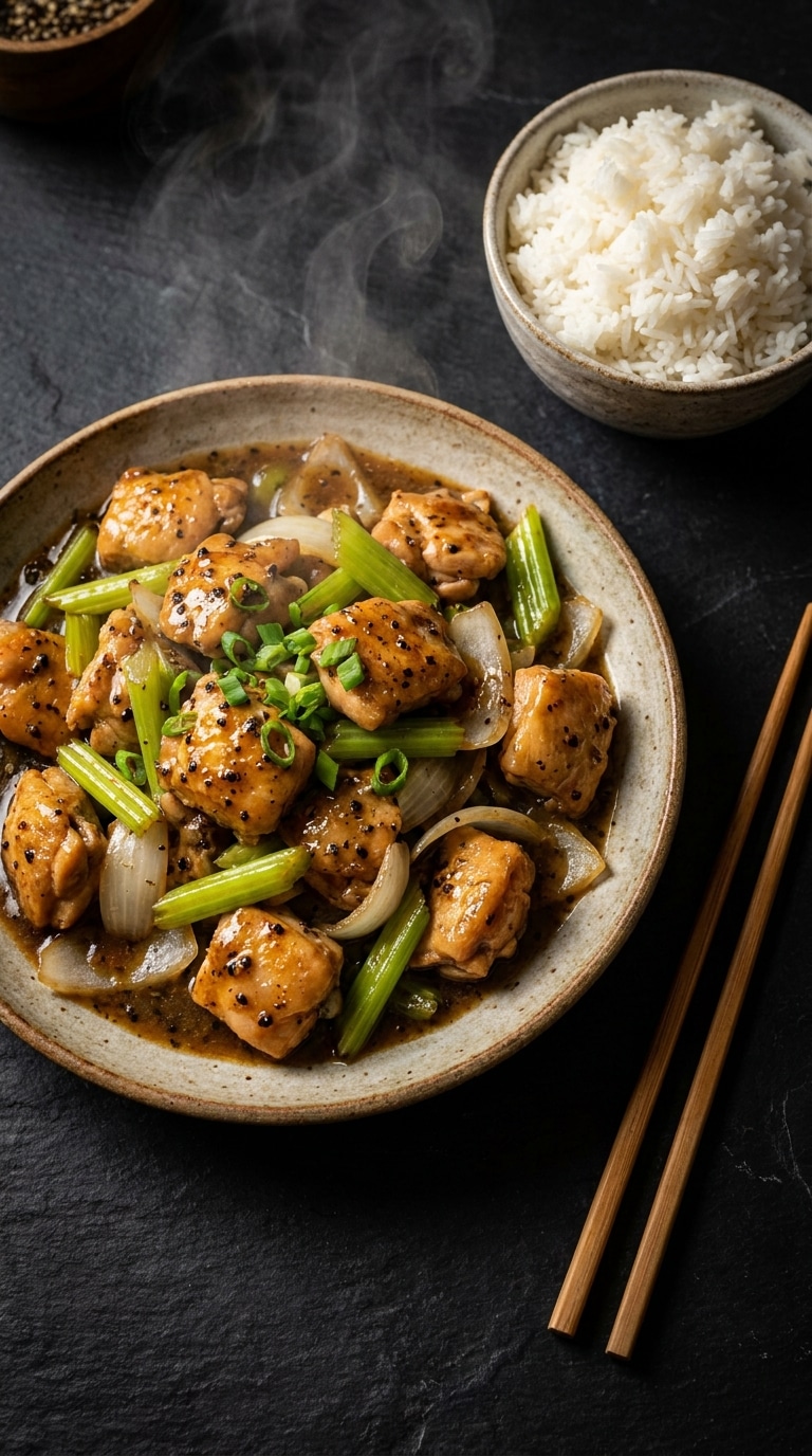 A glossy stir-fry of black pepper chicken with celery and onions served on a dark plate next to a bowl of white rice.