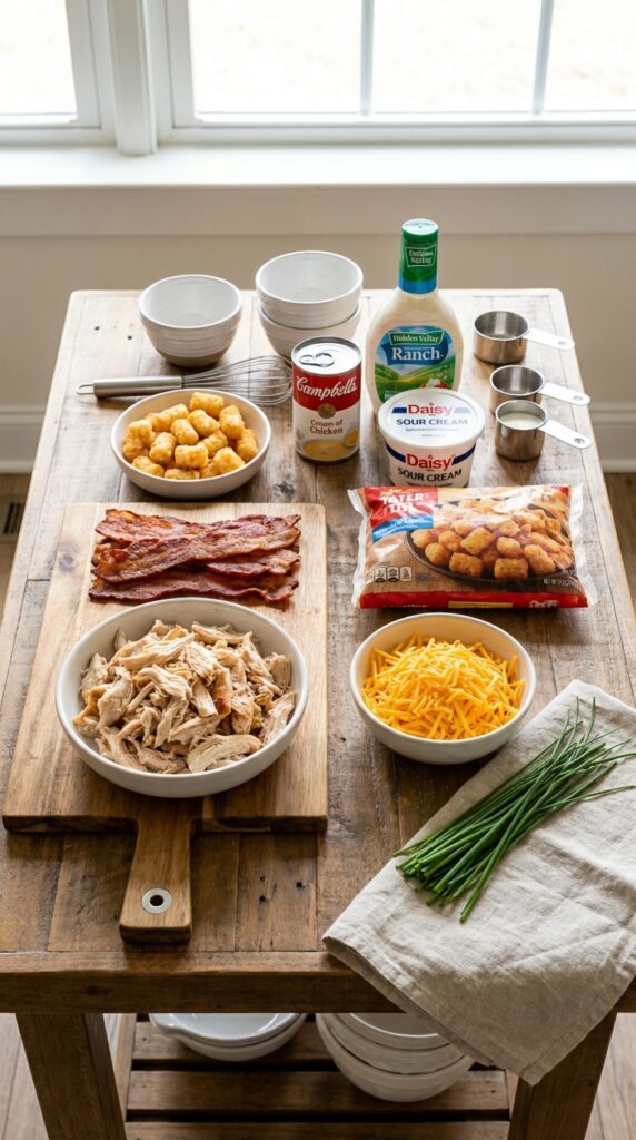 An overhead shot showing shredded chicken, bacon, frozen tater tots, soup, ranch, cheese, and chives ready for assembly.