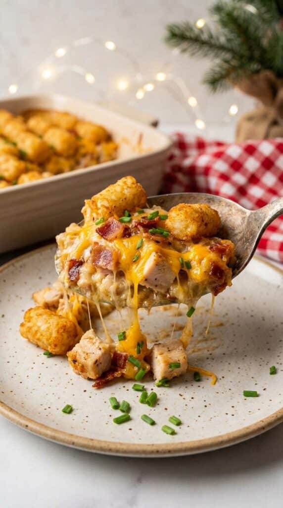 A close-up of a serving spoon lifting a scoop of Chicken Bacon Ranch Tater Tot Casserole onto a plate.
