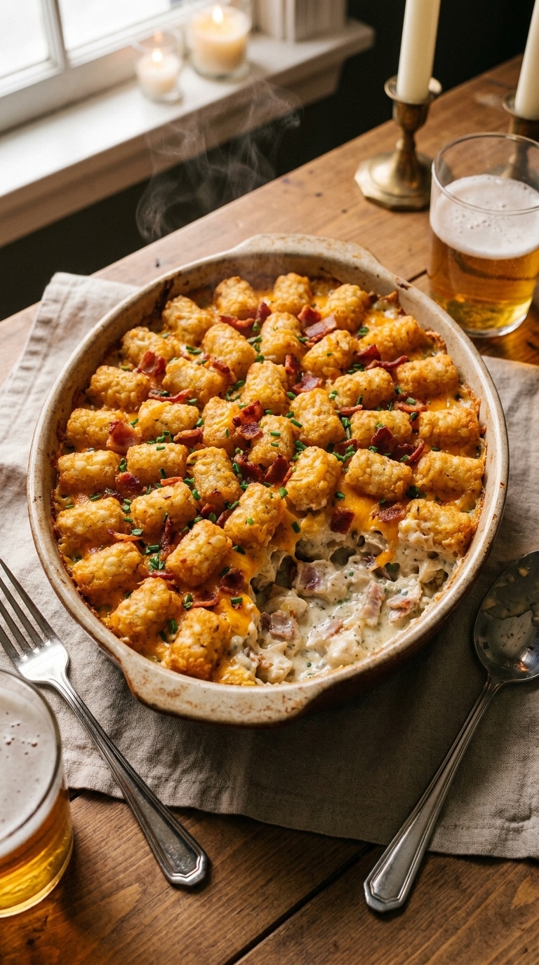 A golden, crispy tater tot casserole in a baking dish, topped with melted cheese, bacon, and fresh chives.