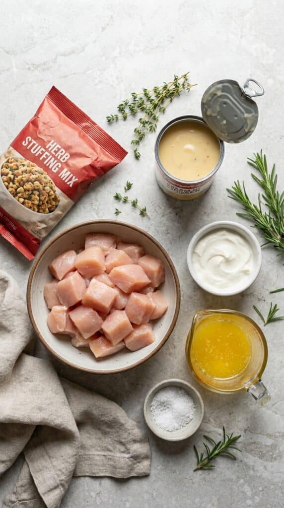 A flat lay of raw cubed chicken, stuffing mix, cream of chicken soup, sour cream, and melted butter on a clean kitchen counter.