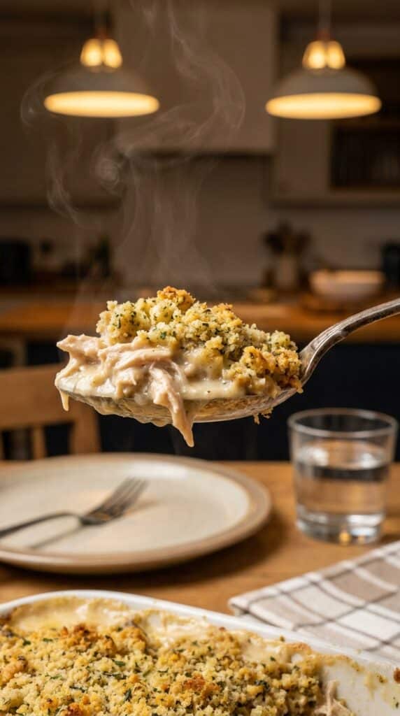 A close-up of a spoon scooping into a chicken stuffing casserole, showing steam, creamy sauce, and golden stuffing crumbs.
