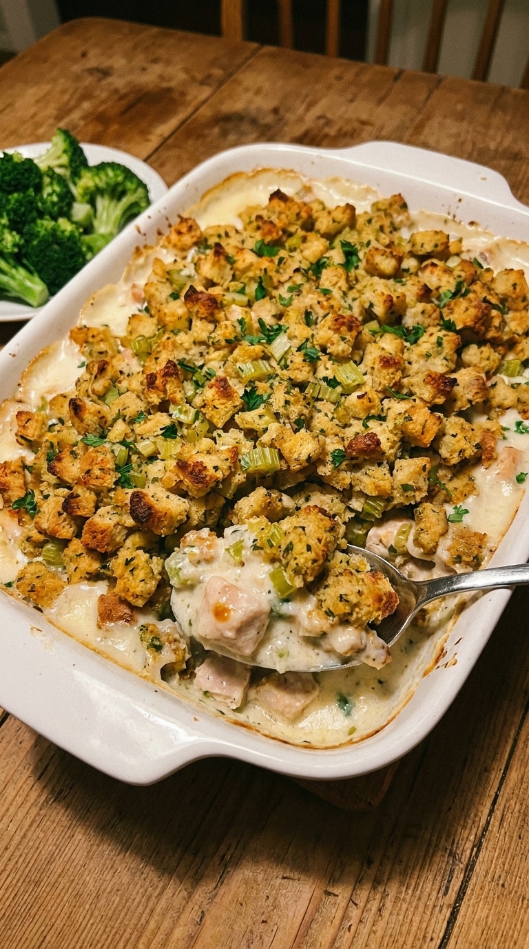 A golden-brown chicken and stuffing casserole in a white baking dish, showing a creamy chicken interior and a crispy herb stuffing topping.