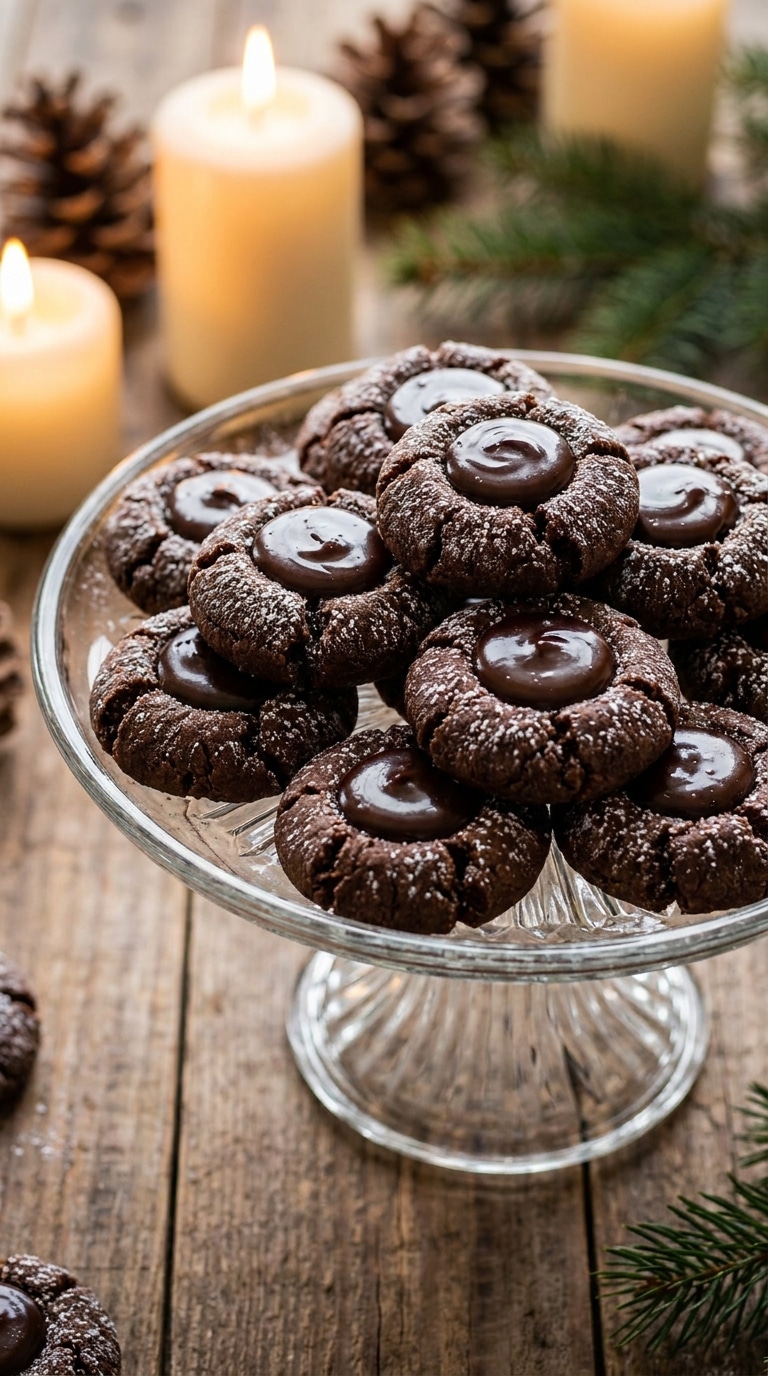 An elegant tiered display of chocolate shortbread thumbprint cookies filled with dark chocolate ganache and dusted with powdered sugar.