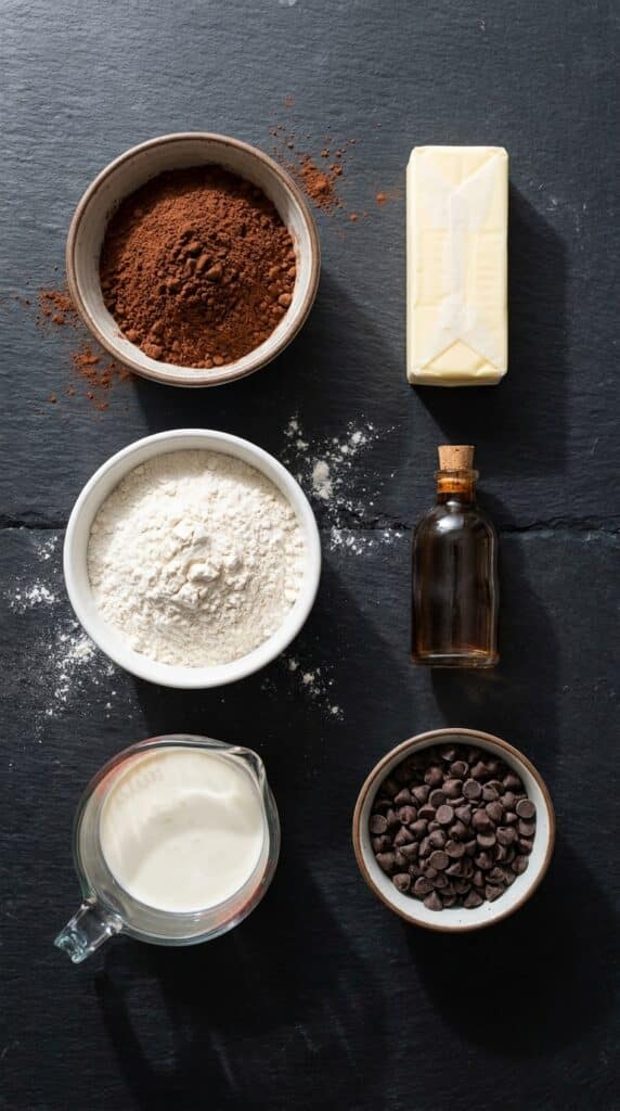 An artistic flat lay of chocolate thumbprint ingredients, including cocoa, butter, flour, chocolate chips, and heavy cream on a slate surface.