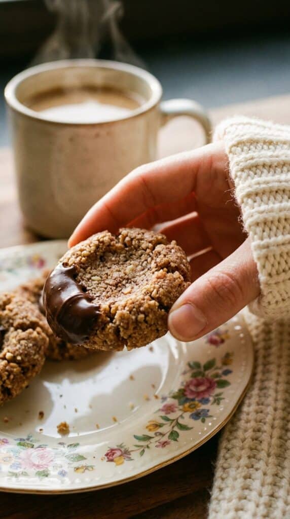 A close-up of a hand picking up a dark chocolate thumbprint cookie with a smooth ganache center, next to a cup of coffee.