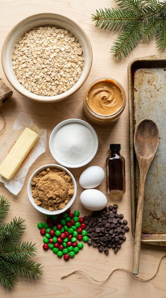 A flat lay of oats, peanut butter, sugar, eggs, holiday M&Ms, and chocolate chips on a wooden surface.