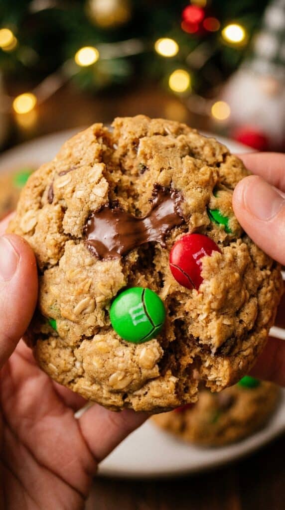A close-up shot of a hand holding a large, thick Monster Cookie loaded with chocolate chips and holiday M&Ms.