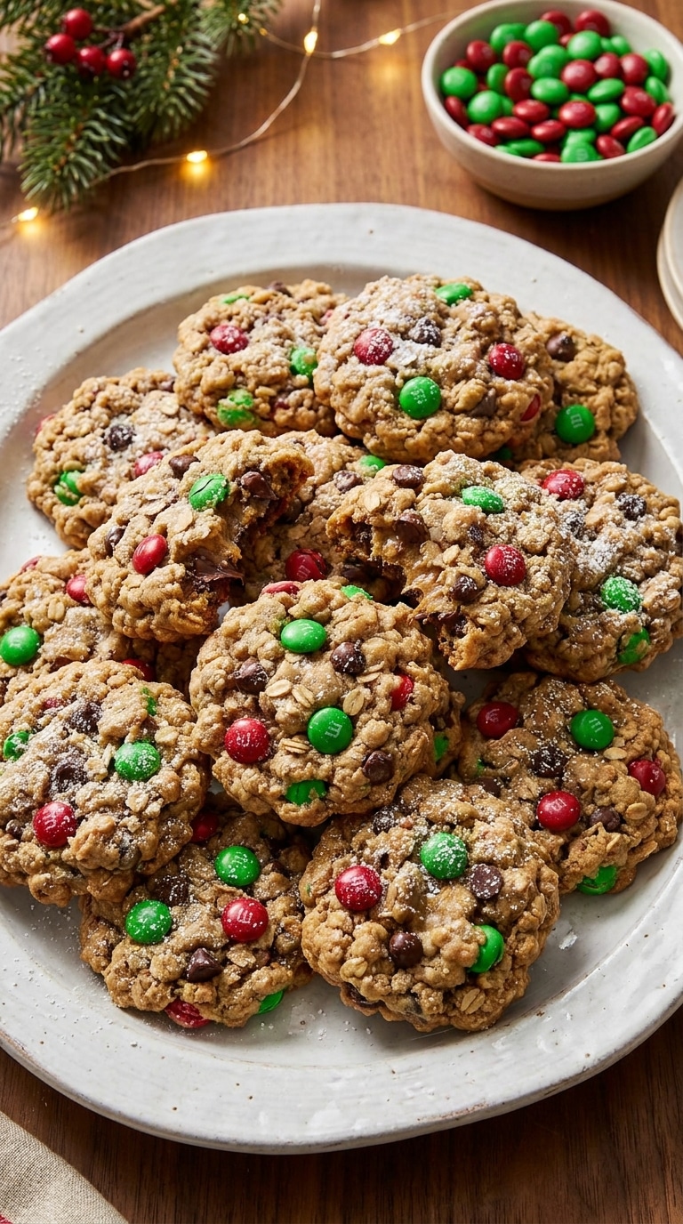A platter of thick, chewy Monster Cookies filled with red and green holiday M&Ms and chocolate chips.