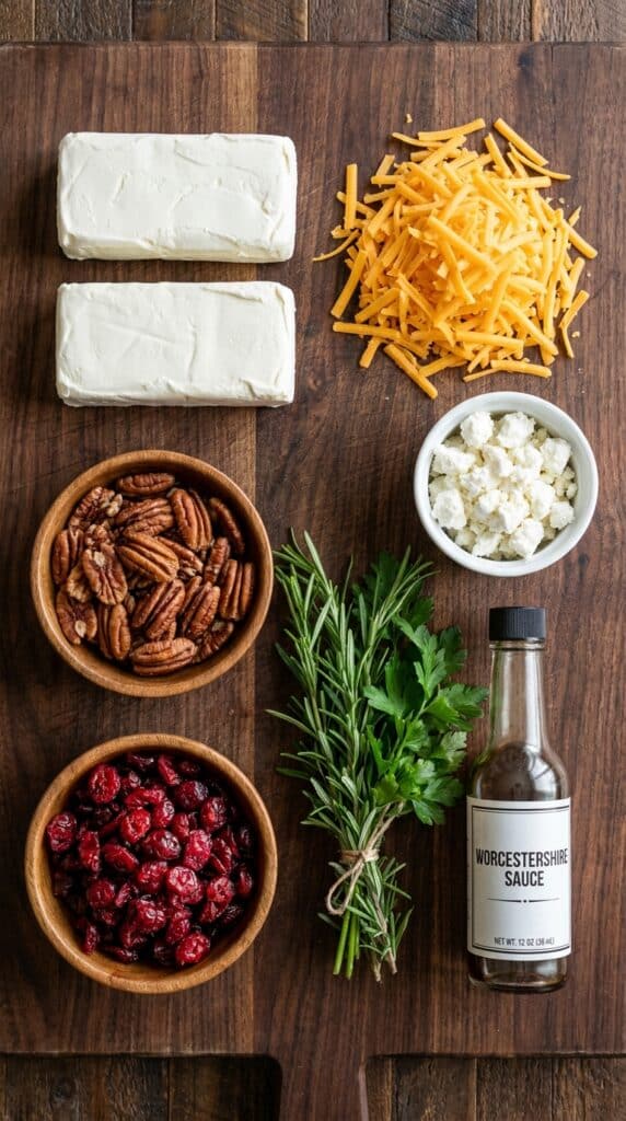 A flat lay of ingredients for a cheese ball including cream cheese, cheddar, goat cheese, pecans, cranberries, herbs, and spices on wood.