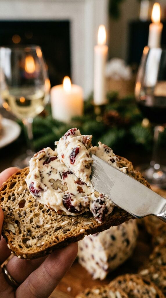 A close-up of a cheese knife spreading a creamy cranberry pecan cheese mixture onto a cracker.