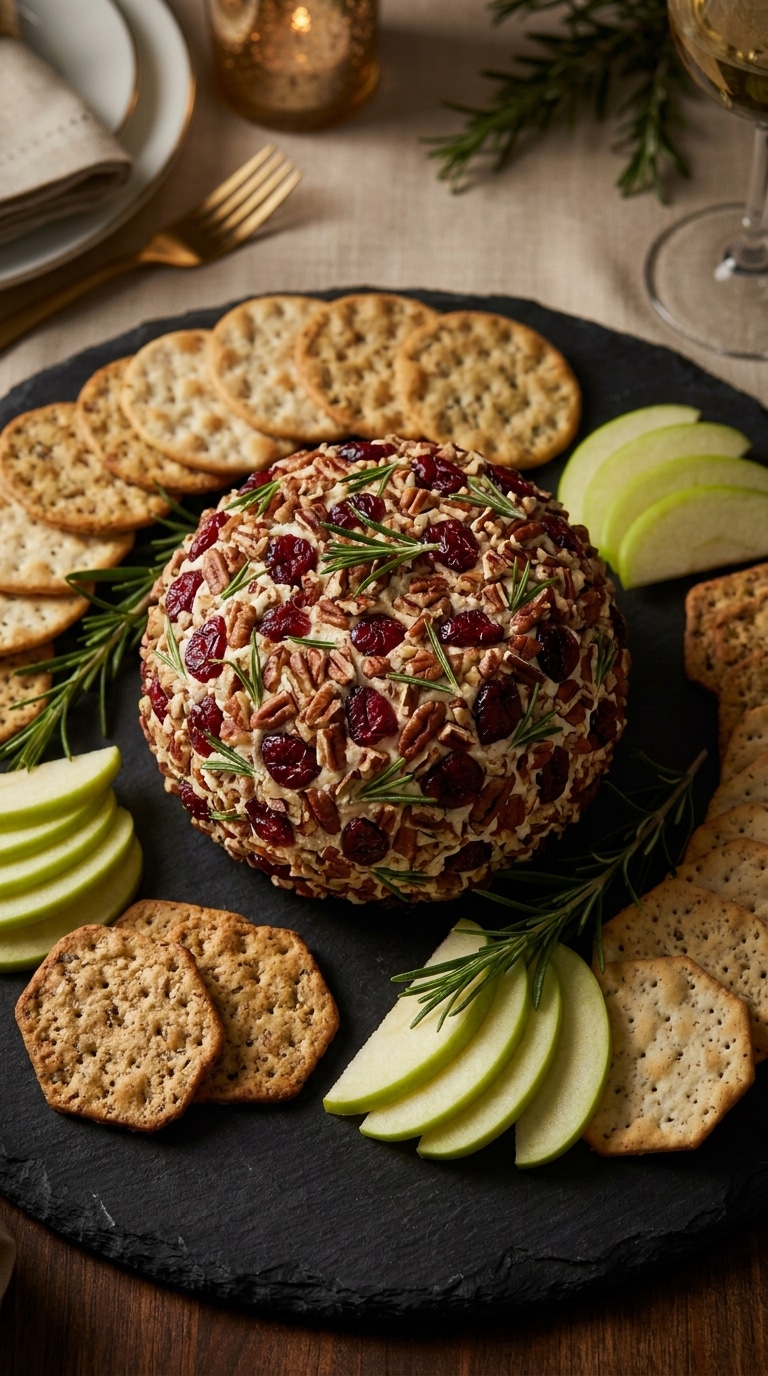 A festive Cranberry Pecan Cheese Ball crusted in nuts and cranberries, served on a board with crackers and apple slices.