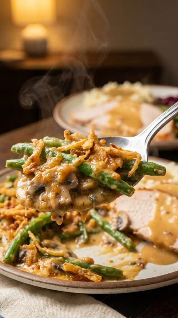 A silver spoon scooping a serving of creamy green bean casserole with crispy onions and rising steam.