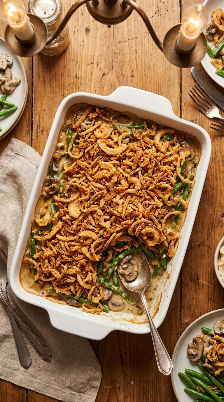 A golden-brown green bean casserole topped with crispy fried onions in a white ceramic baking dish.