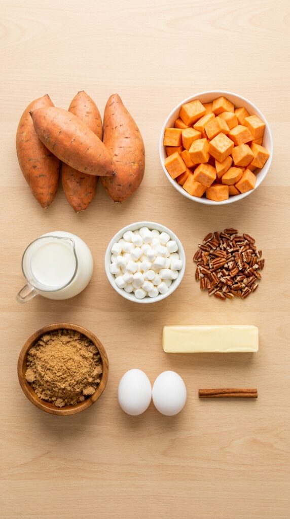 A flat lay arrangement of raw sweet potatoes, marshmallows, pecans, milk, butter, and brown sugar on a light wood surface.