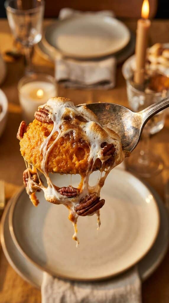 A close-up of a spoon scooping out sweet potato casserole, showing the gooey marshmallow pull and creamy orange interior.